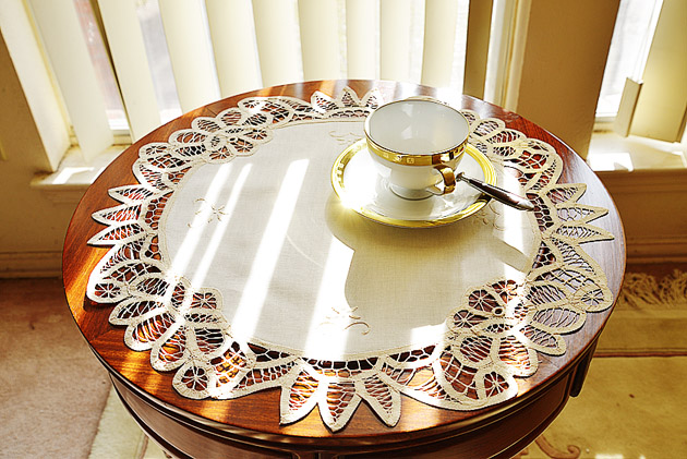 18" round battenburg doily. Ecru color