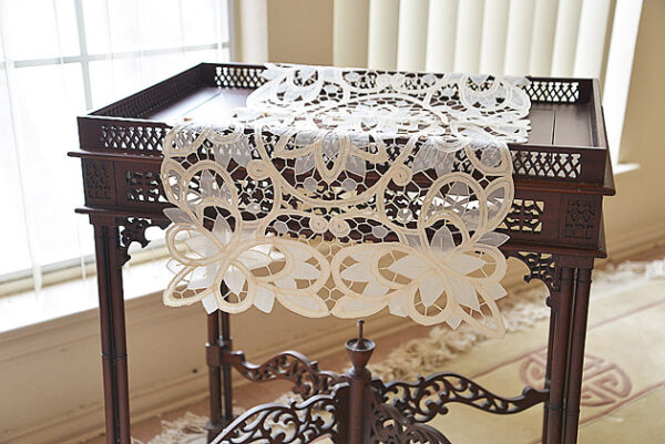rectangular crystal lace runner. pistachio shell color