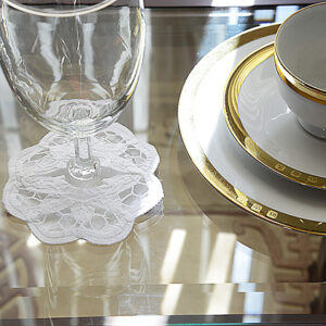 princess battenburg wine glass coaster. white color