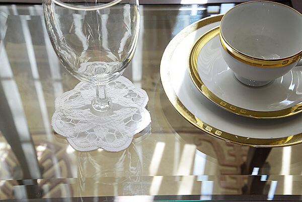 princess battenburg wine glass coaster. white color