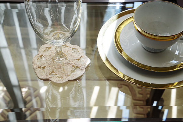 Ecru color battenburg wine glass coaster