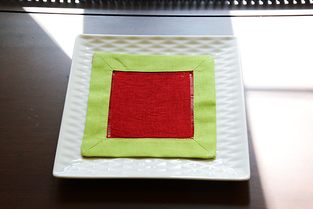 Xmas Red Lime Green hemstitch cocktail napkin