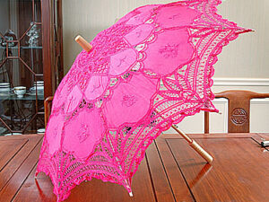 Battenburg Lace Parasols. Hot Pink, French Blue, Red, Aqua, Brown Colors