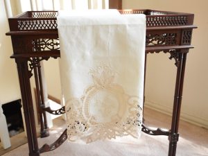 Battenburg Lace Bath Towels. Mother of Pearl Color