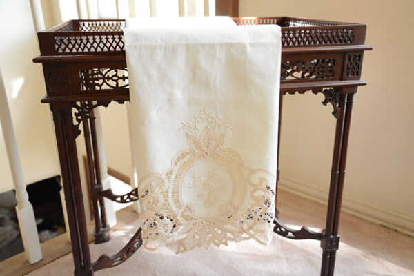 Battenburg Lace Bath Towels. Mother of Pearl Color