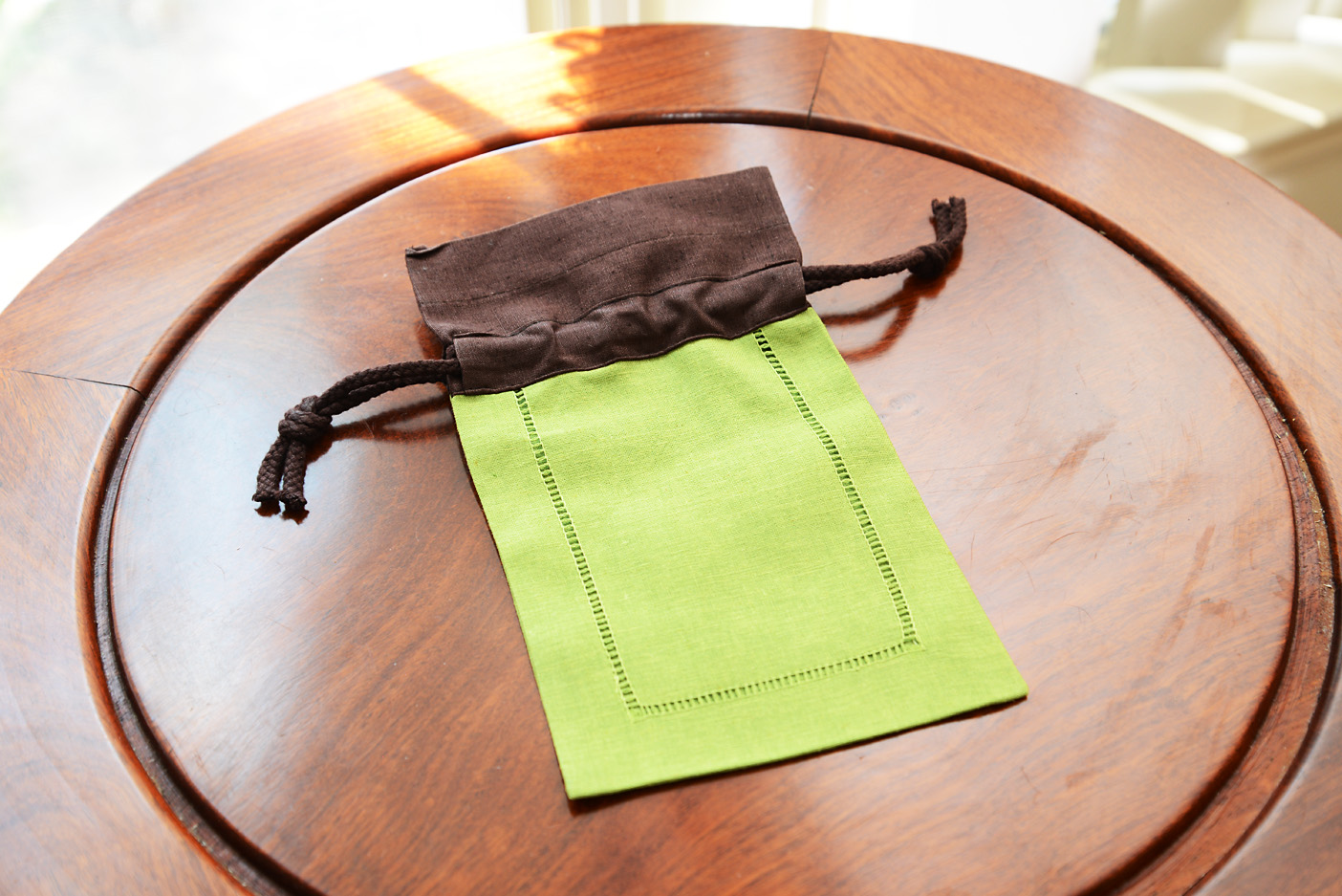 Hemstitch Sachet Bag. Hot Green with Brown Top
