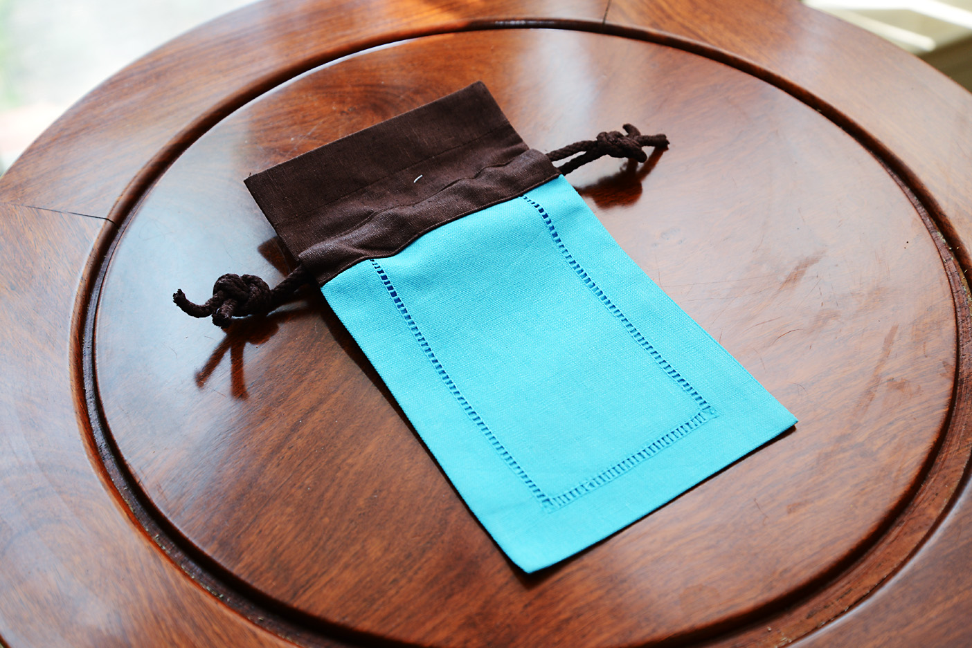 Hemstitch Sachet Bag. Aqua with Brown Top