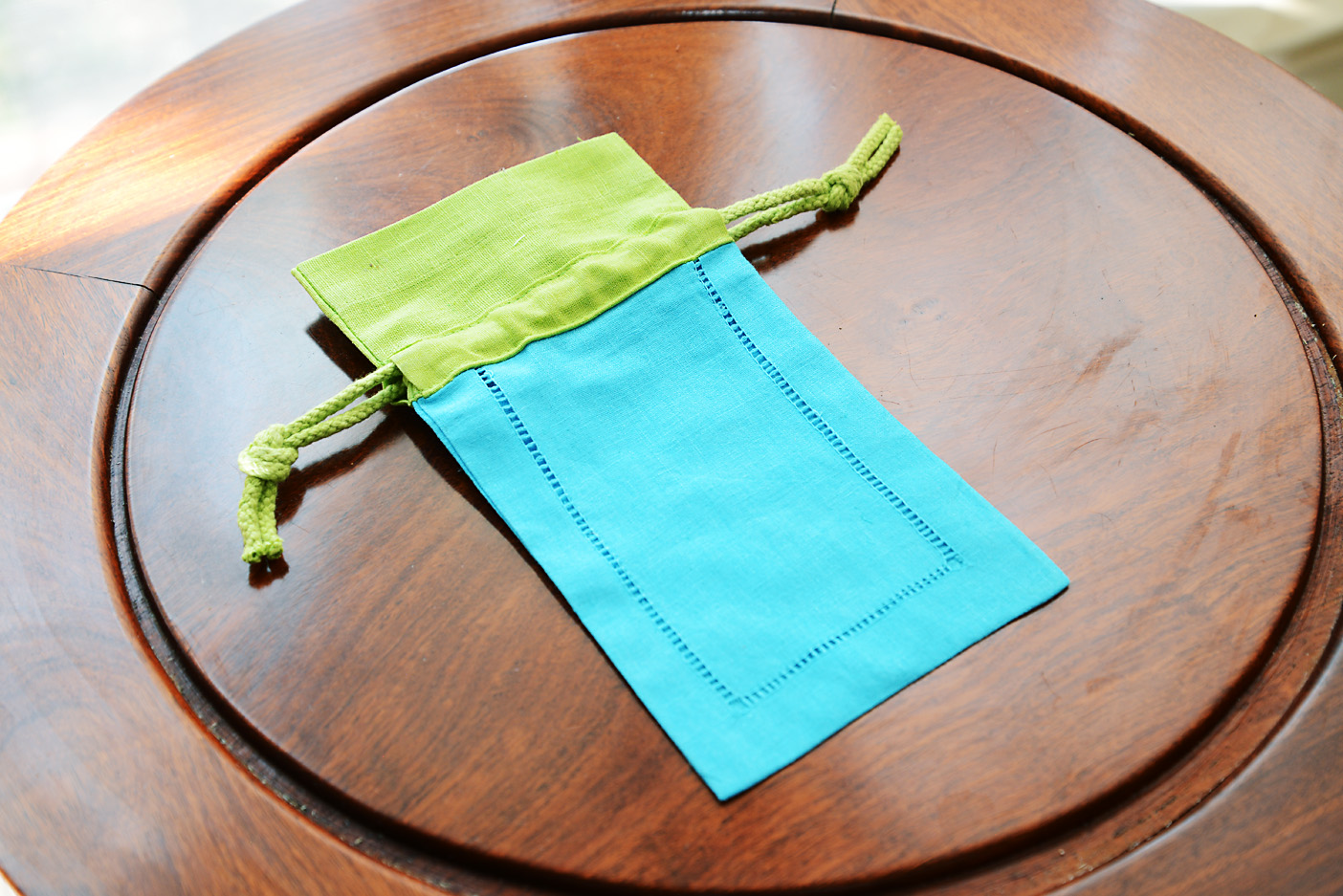 Hemstitch Sachet Bag. Aqua with Hot Green Top