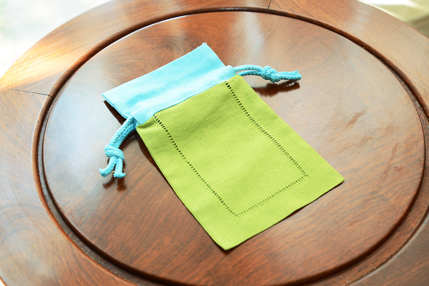 Hemstitch Sachet Bag. Hot Green with Aqua Blue Top
