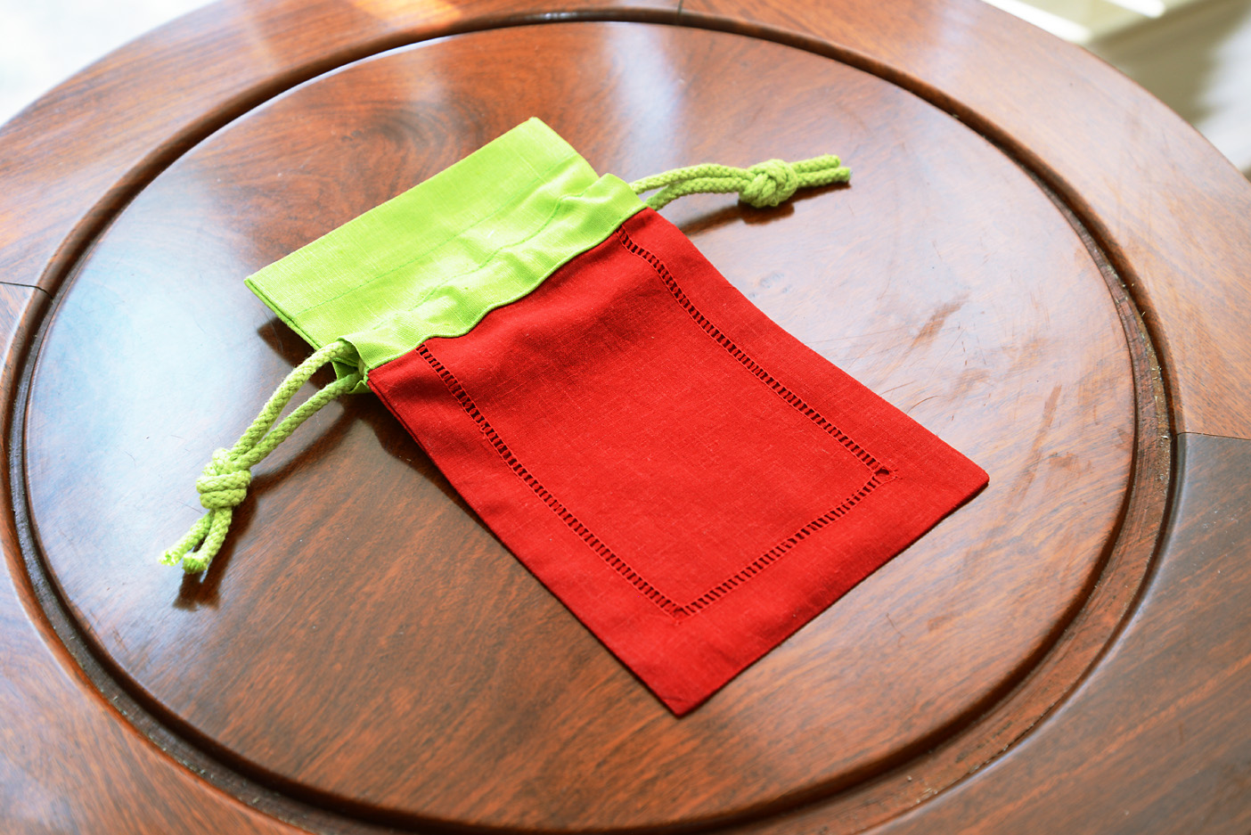 Hemstitch Sachet Bag. Red with Hot Green Top