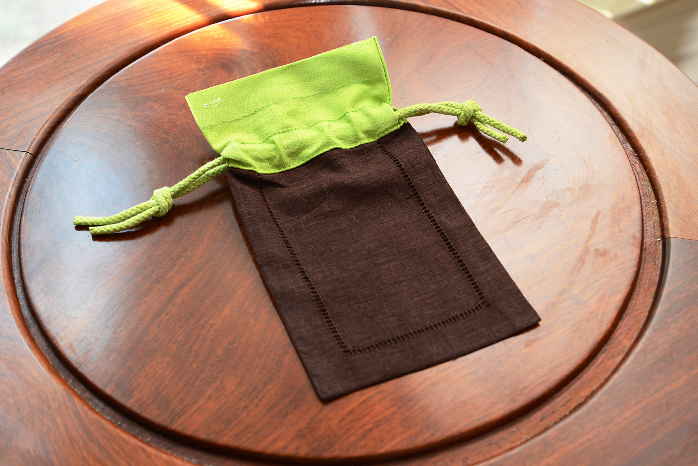 Hemstitch Sachet Bags. 5″x7″. Hot Green & Brown, Red & Hot Green, Aqua & Brown Top.