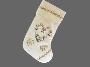 Xmas Stocking Cream Velvet Raised Roses